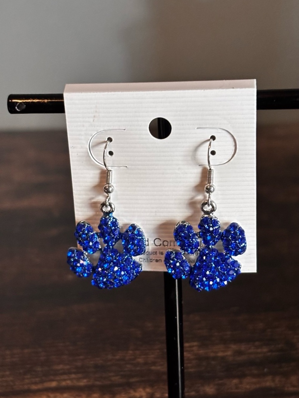 Blue Rhinestone Paw Print Dangle Earrings Kentucky Wildcat Blue Team Spirit